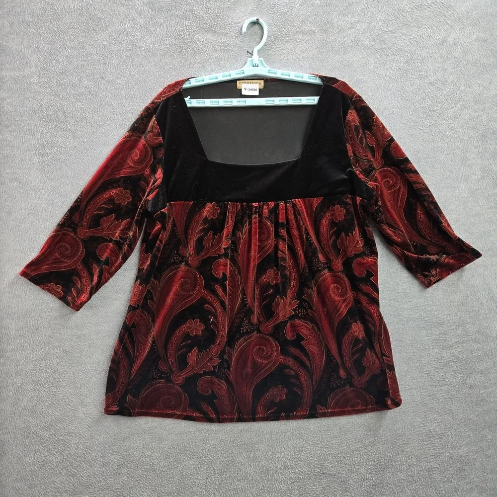 Notations‎ Women Blouse 3X Red Paisley Velvet Square Neck Pullover